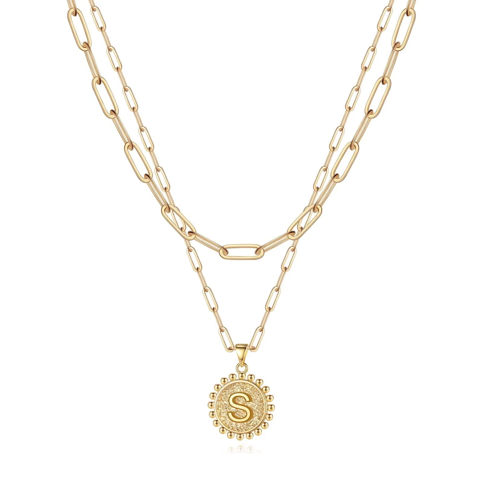 Yoosteel Gold Necklaces for Women, 14K Gold Plated Dainty Layering Paperclip Link Chain Necklace Personalized Coin Pendat S Gold Layered Necklaces for Women Gold Jewelry Gifts