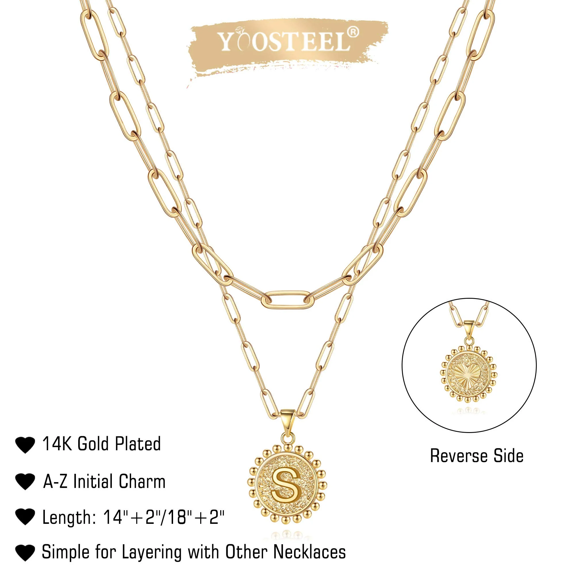 Yoosteel Gold Necklaces for Women, 14K Gold Plated Dainty Layering Paperclip Link Chain Necklace Personalized Coin Pendat S Gold Layered Necklaces for Women Gold Jewelry Gifts - Image 3