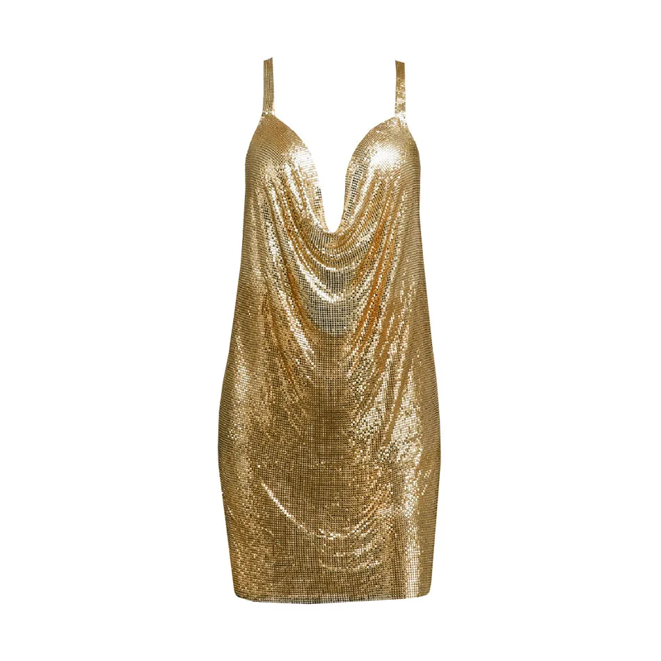 YOUR BUMP CURVE Shiny Cool Metal Sequin V Neck Sleeveless Backless Cross Side Irregular Mini Sexy Ladies Yacht Club Metal Dress - Image 7