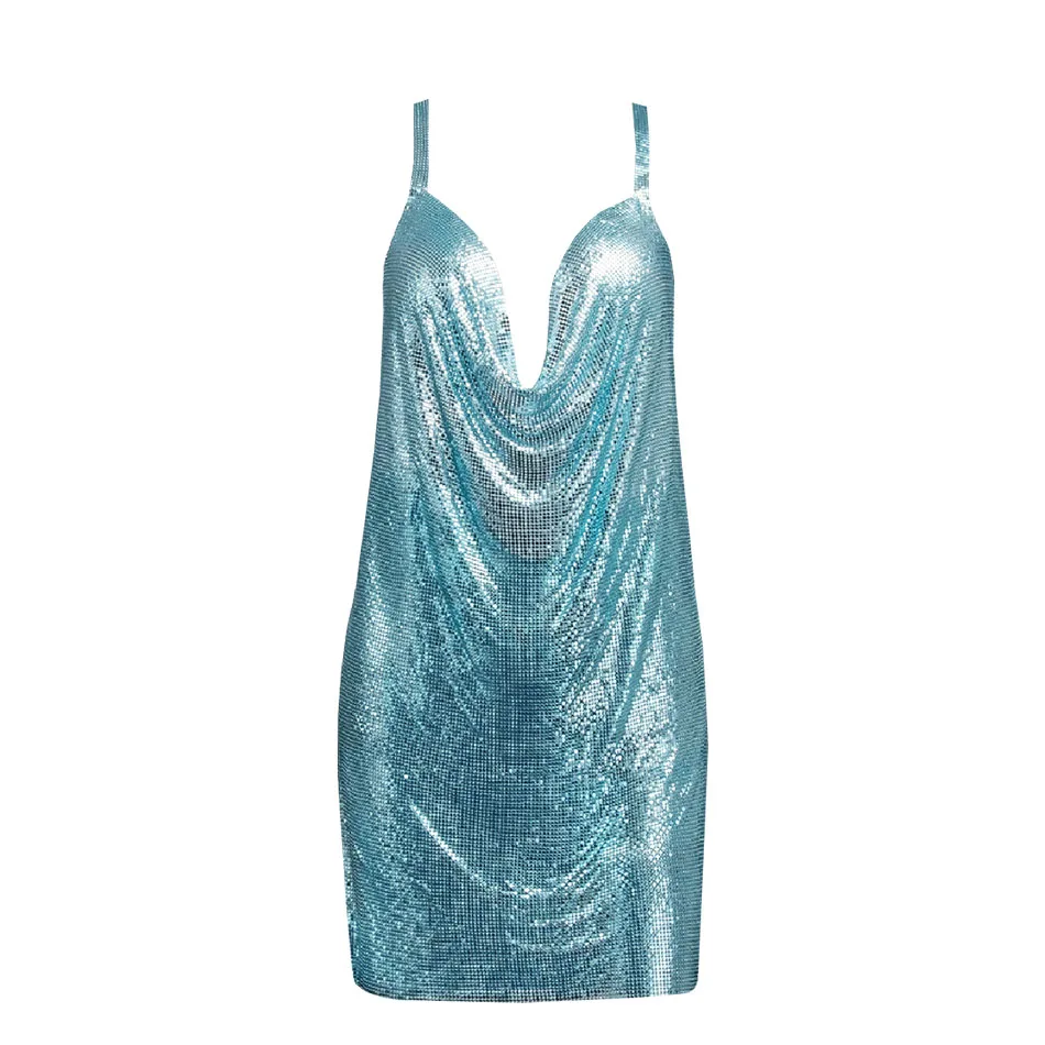YOUR BUMP CURVE Shiny Cool Metal Sequin V Neck Sleeveless Backless Cross Side Irregular Mini Sexy Ladies Yacht Club Metal Dress - Image 8