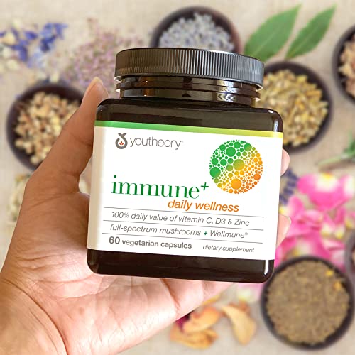 Youtheory Immune+ Daily Wellness- Organic Mushrooms- Beta Glucan- Vitamin C, D3 & Zinc 150 Vegetarian Caps - Image 4