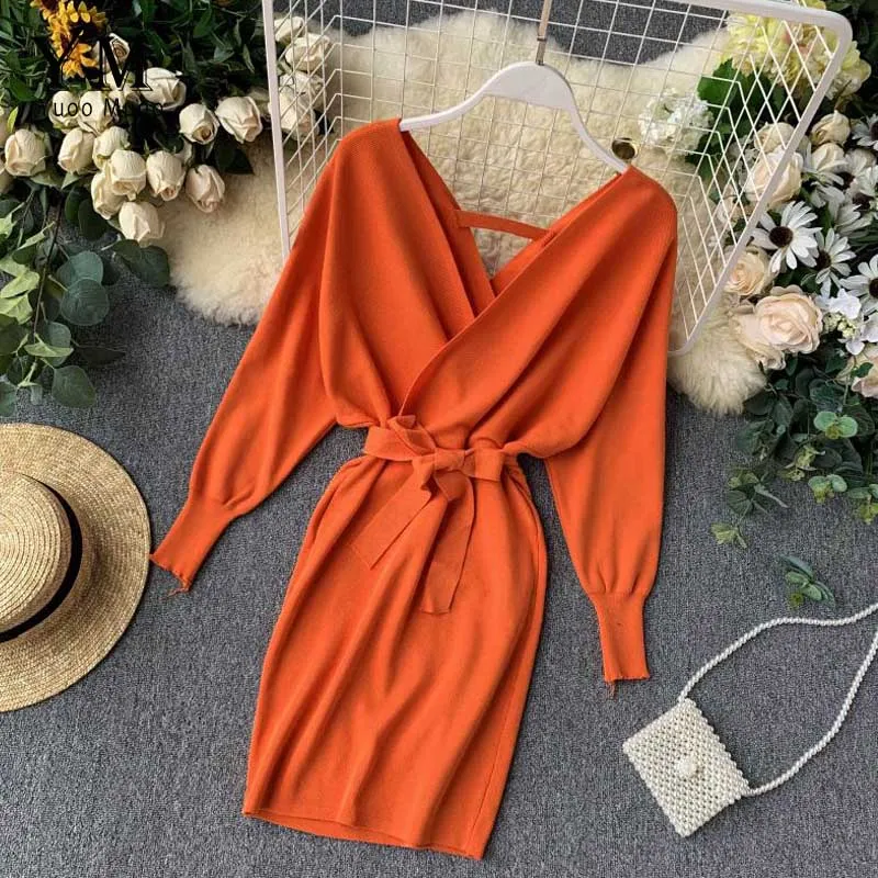 YuooMuoo Autumn Winter Women Knitted Sweater Dress 2022 New Korean Long Batwing Sleeve V Neck Elegant Dress Ladies Bandage Dress - Image 12
