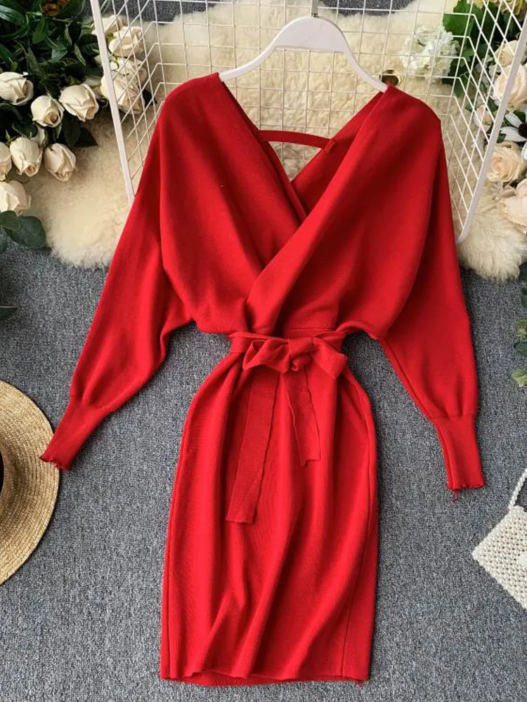 YuooMuoo Autumn Winter Women Knitted Sweater Dress 2022 New Korean Long Batwing Sleeve V Neck Elegant Dress Ladies Bandage Dress - Image 4