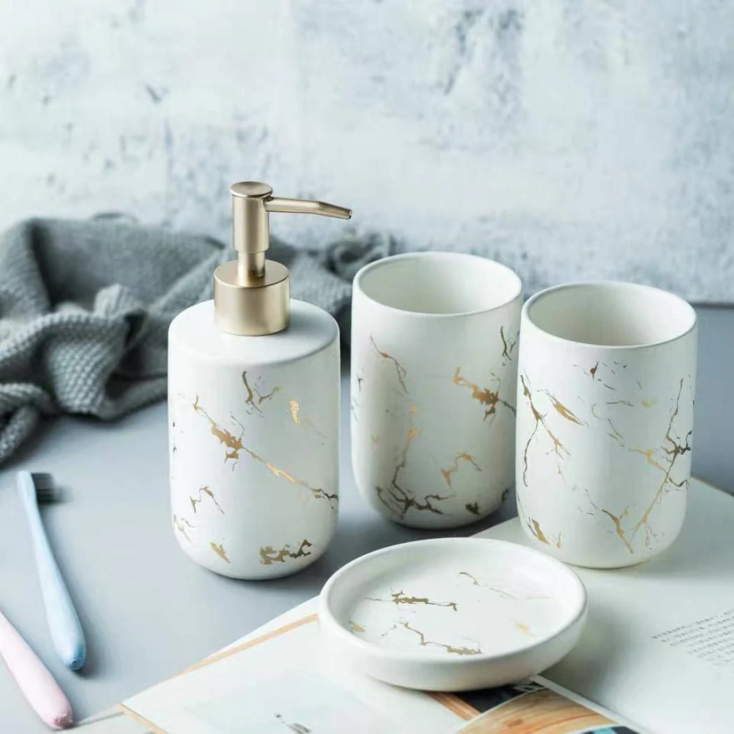 YYW Bathroom Accessories Set, 4Pcs/Set Luxury Ceramic Bathroom Accessory Set, Soap/Lotion Dispenser, Bathroom Tumbler, Soap Dish for Home Hotel Bathroom (White)