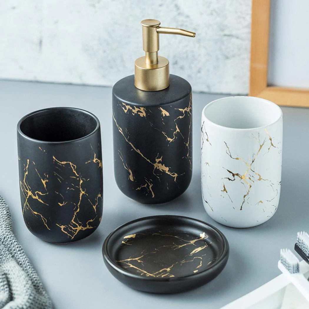 YYW Bathroom Accessories Set, 4Pcs/Set Luxury Ceramic Bathroom Accessory Set, Soap/Lotion Dispenser, Bathroom Tumbler, Soap Dish for Home Hotel Bathroom (White) - Image 5