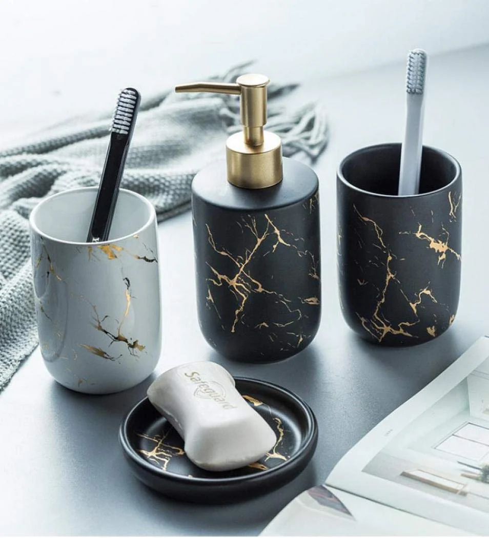 YYW Bathroom Accessories Set, 4Pcs/Set Luxury Ceramic Bathroom Accessory Set, Soap/Lotion Dispenser, Bathroom Tumbler, Soap Dish for Home Hotel Bathroom (White) - Image 6