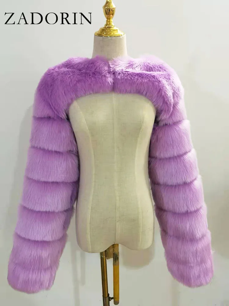 ZADORIN Autumn Winter Cropped Faux Fox Fur Coat Women Luxury Raccoon Long Sleeve Warm Fur Jackets Female Outerwear Pink Red - Image 14