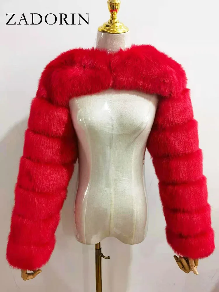 ZADORIN Autumn Winter Cropped Faux Fox Fur Coat Women Luxury Raccoon Long Sleeve Warm Fur Jackets Female Outerwear Pink Red - Image 18