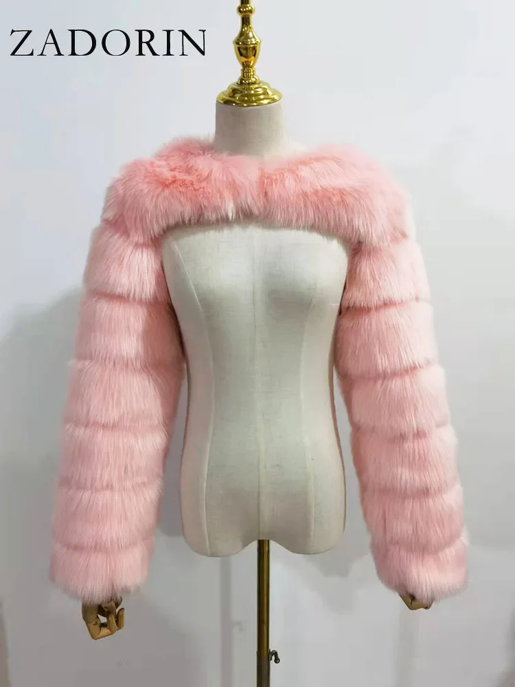 ZADORIN Autumn Winter Cropped Faux Fox Fur Coat Women Luxury Raccoon Long Sleeve Warm Fur Jackets Female Outerwear Pink Red - Image 2