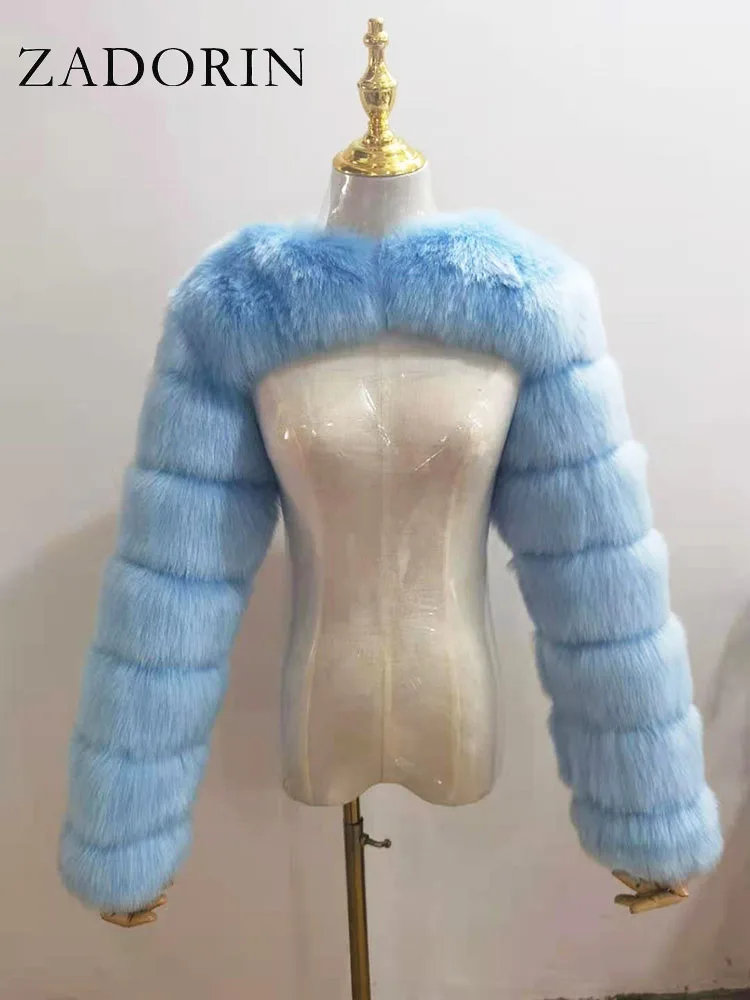 ZADORIN Autumn Winter Cropped Faux Fox Fur Coat Women Luxury Raccoon Long Sleeve Warm Fur Jackets Female Outerwear Pink Red - Image 3