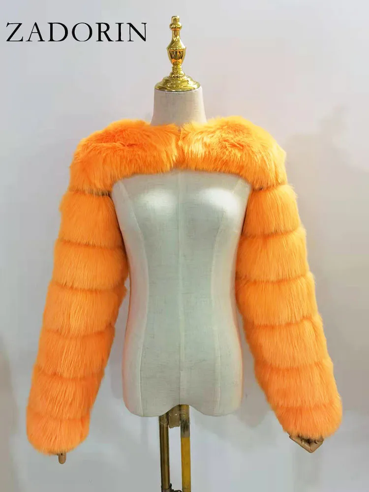 ZADORIN Autumn Winter Cropped Faux Fox Fur Coat Women Luxury Raccoon Long Sleeve Warm Fur Jackets Female Outerwear Pink Red - Image 4