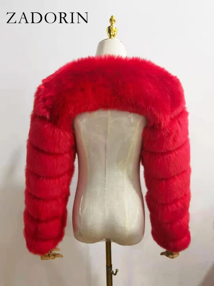 ZADORIN Autumn Winter Cropped Faux Fox Fur Coat Women Luxury Raccoon Long Sleeve Warm Fur Jackets Female Outerwear Pink Red - Image 6