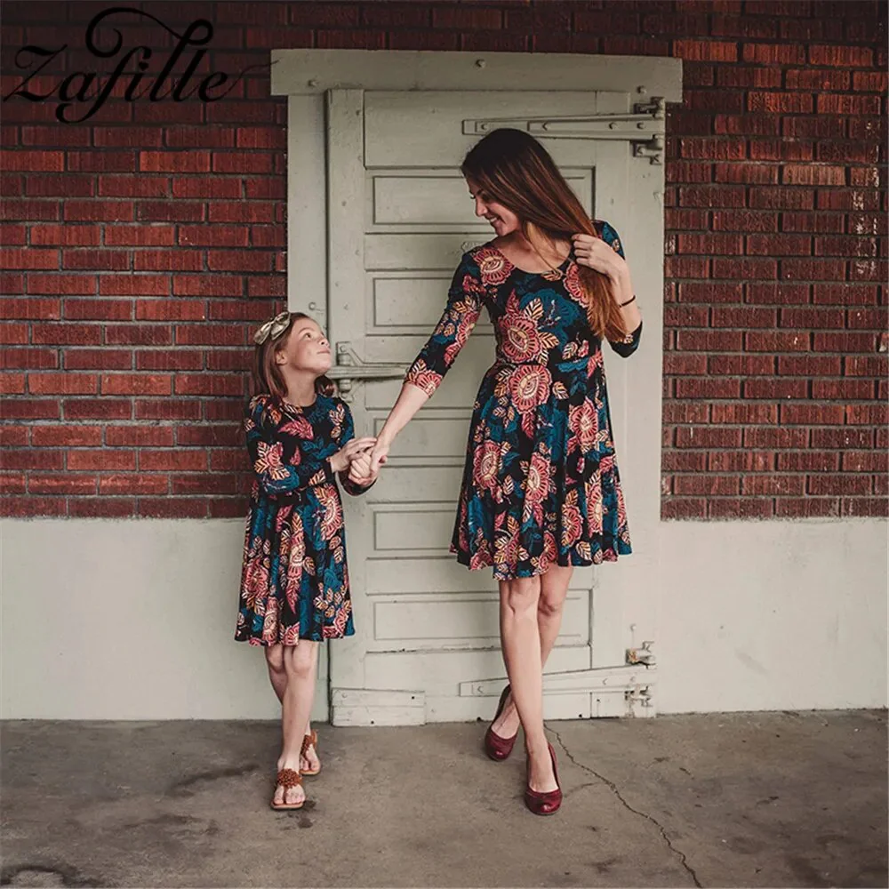 ZAFILLE Mom And Daughter Matching Clothes Three Quarter Spring Floral Mini Me Family Matching Outfits Mommy and daughter Dresses - Image 2