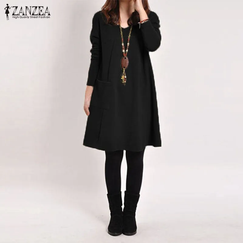 Zanzea 2023 Autumn Winter Women Long Sleeve Pocket Dress Solid O Neck Casual Loose Dresses Vestidos S- - Image 3
