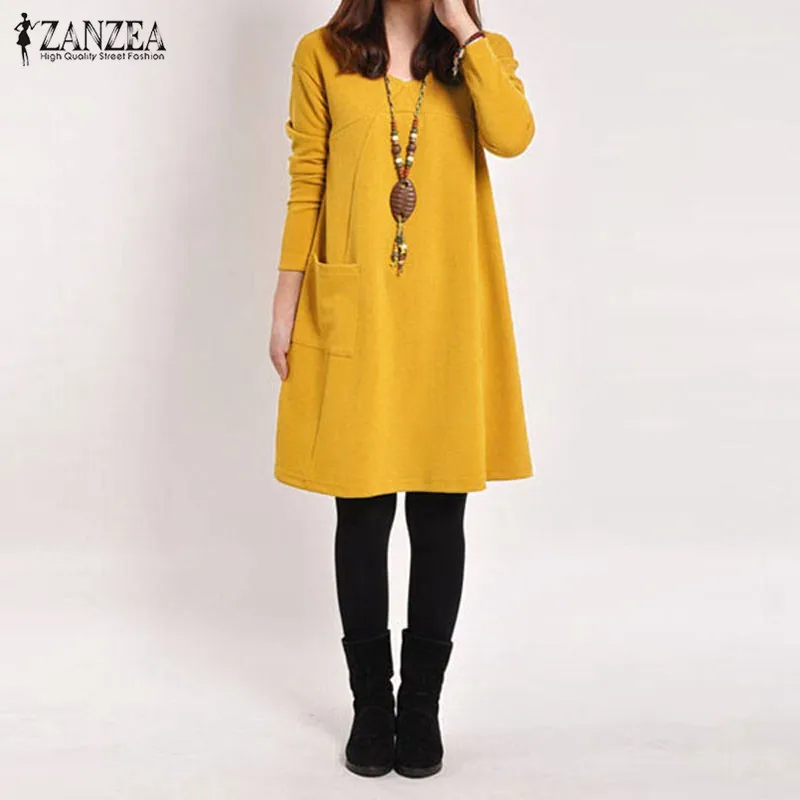 Zanzea 2023 Autumn Winter Women Long Sleeve Pocket Dress Solid O Neck Casual Loose Dresses Vestidos S- - Image 4
