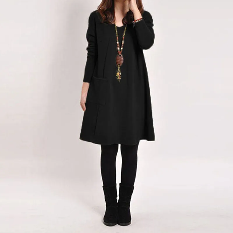 Zanzea 2023 Autumn Winter Women Long Sleeve Pocket Dress Solid O Neck Casual Loose Dresses Vestidos S- - Image 9