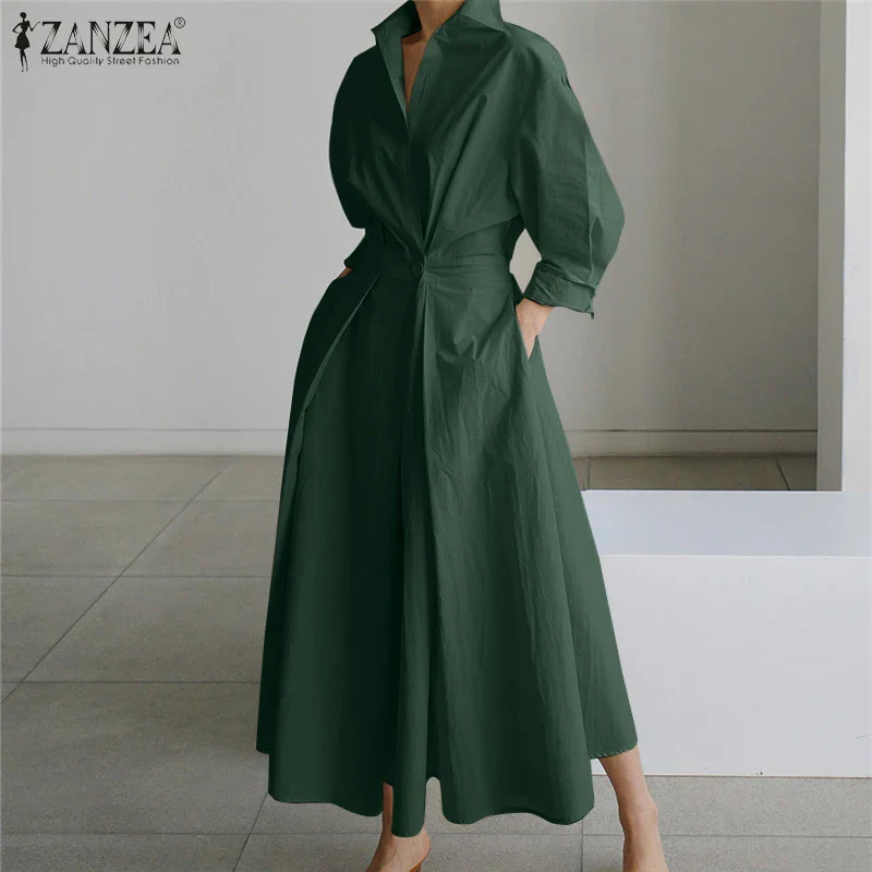ZANZEA Fashion Lapel Neck Long Sleeve Sundress Elegant Women Autumn Long Shirt Dress Oversized Solid OL Vestidos Robe Femme - Image 2