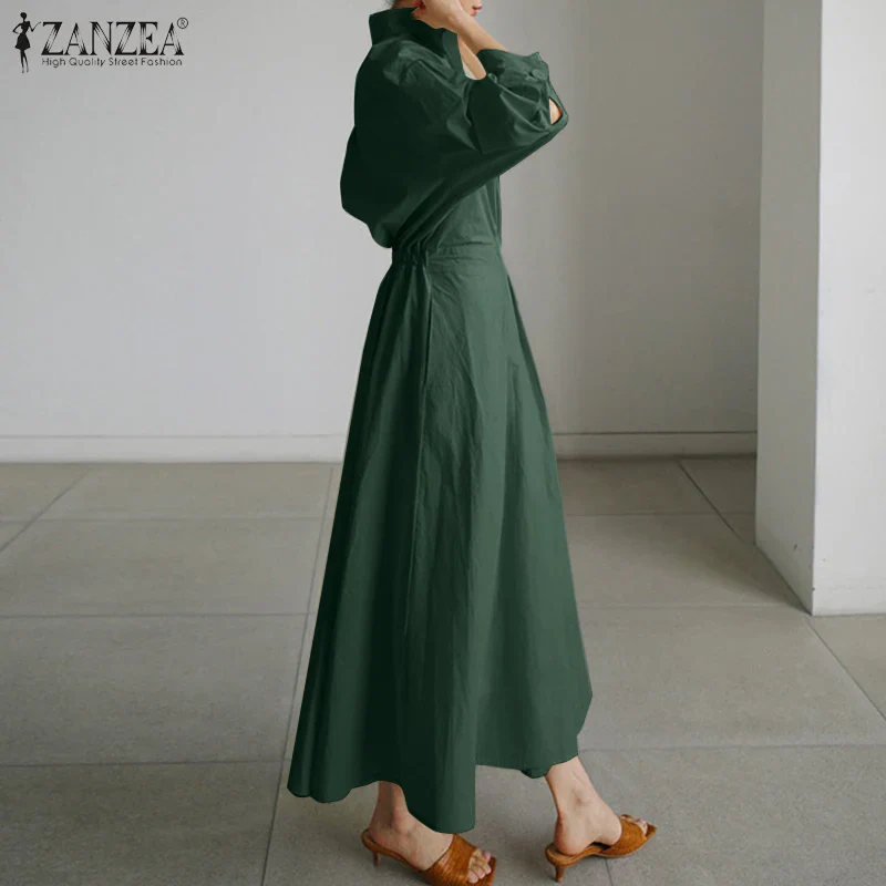 ZANZEA Fashion Lapel Neck Long Sleeve Sundress Elegant Women Autumn Long Shirt Dress Oversized Solid OL Vestidos Robe Femme - Image 3
