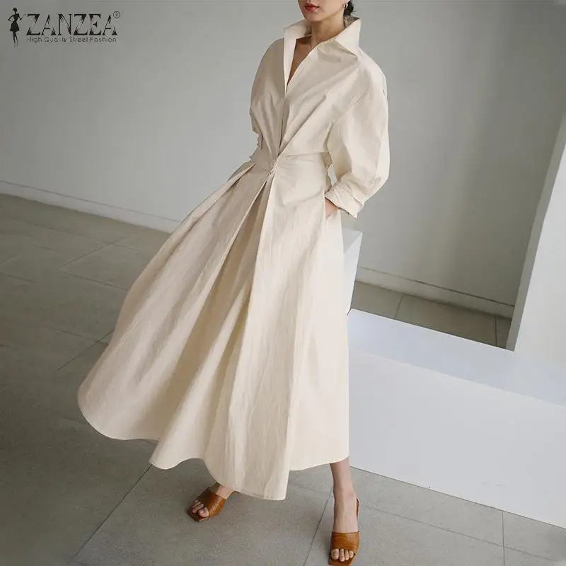 ZANZEA Fashion Lapel Neck Long Sleeve Sundress Elegant Women Autumn Long Shirt Dress Oversized Solid OL Vestidos Robe Femme - Image 4