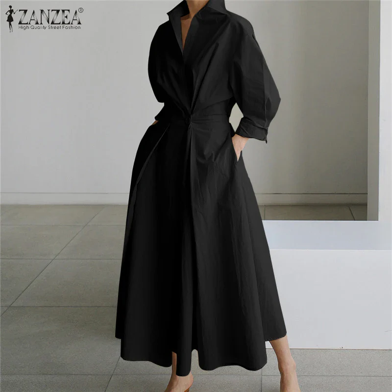 ZANZEA Fashion Lapel Neck Long Sleeve Sundress Elegant Women Autumn Long Shirt Dress Oversized Solid OL Vestidos Robe Femme - Image 7