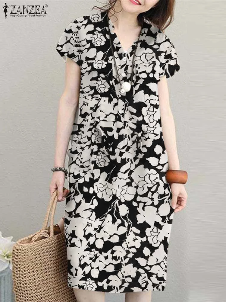 ZANZEA Summer Floral Printed Dress Fashion Short Sleeve Sundress Elegant Causal Holiday Robe Bohemian Retro Beach Vestidos 2023