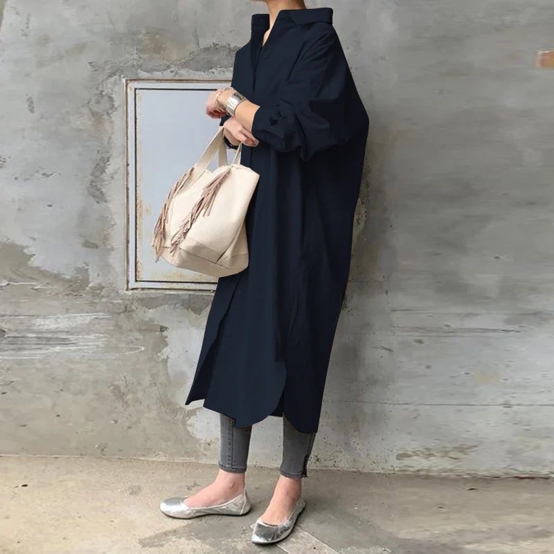 ZANZEA  Women Autumn Sundress Elegant Long Shirt Dress Lapel Neck Long Sleeve Solid Vestido Casual Loose Work Dresses Robe Femme - Image 8