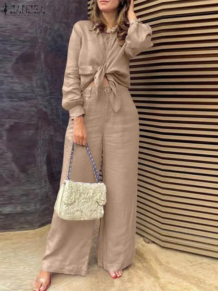 ZANZEA Women Elegant Lapel Neck Long Sleeve Shirt Pants Sets Solid Work OL Trousers Suits Tracksuit 2PCS Fashion Autumn Outifits