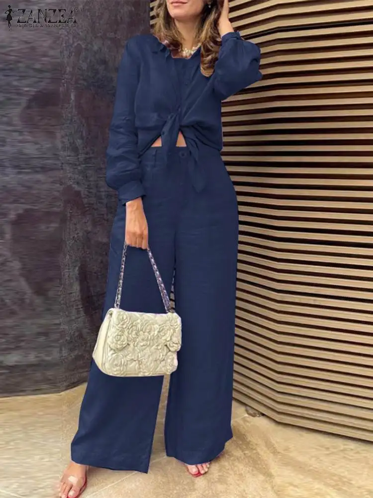 ZANZEA Women Elegant Lapel Neck Long Sleeve Shirt Pants Sets Solid Work OL Trousers Suits Tracksuit 2PCS Fashion Autumn Outifits - Image 3