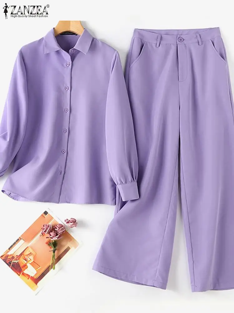 ZANZEA Women Elegant Lapel Neck Long Sleeve Shirt Pants Sets Solid Work OL Trousers Suits Tracksuit 2PCS Fashion Autumn Outifits - Image 4