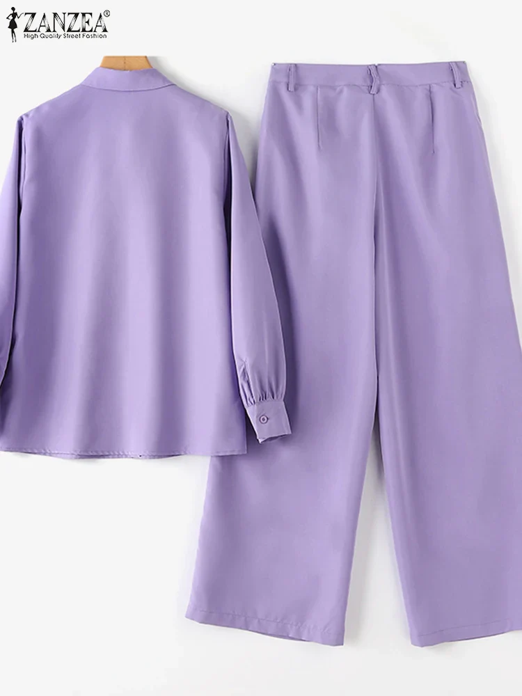 ZANZEA Women Elegant Lapel Neck Long Sleeve Shirt Pants Sets Solid Work OL Trousers Suits Tracksuit 2PCS Fashion Autumn Outifits - Image 5