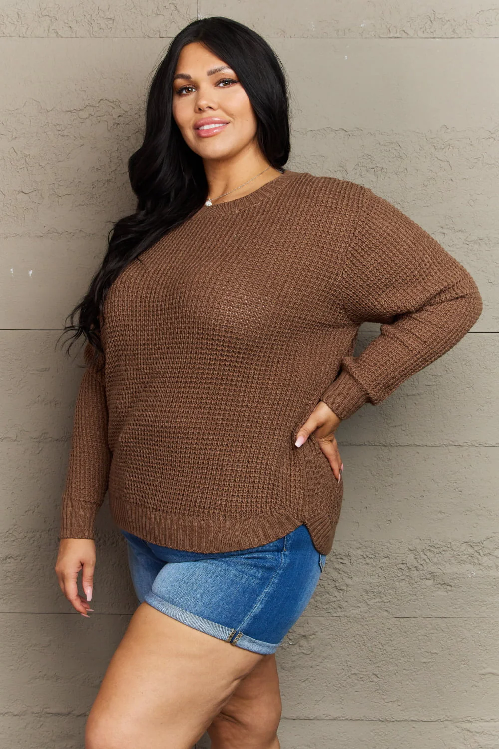 Zenana Breezy Days Plus Size High Low Waffle Knit Sweater - Image 3