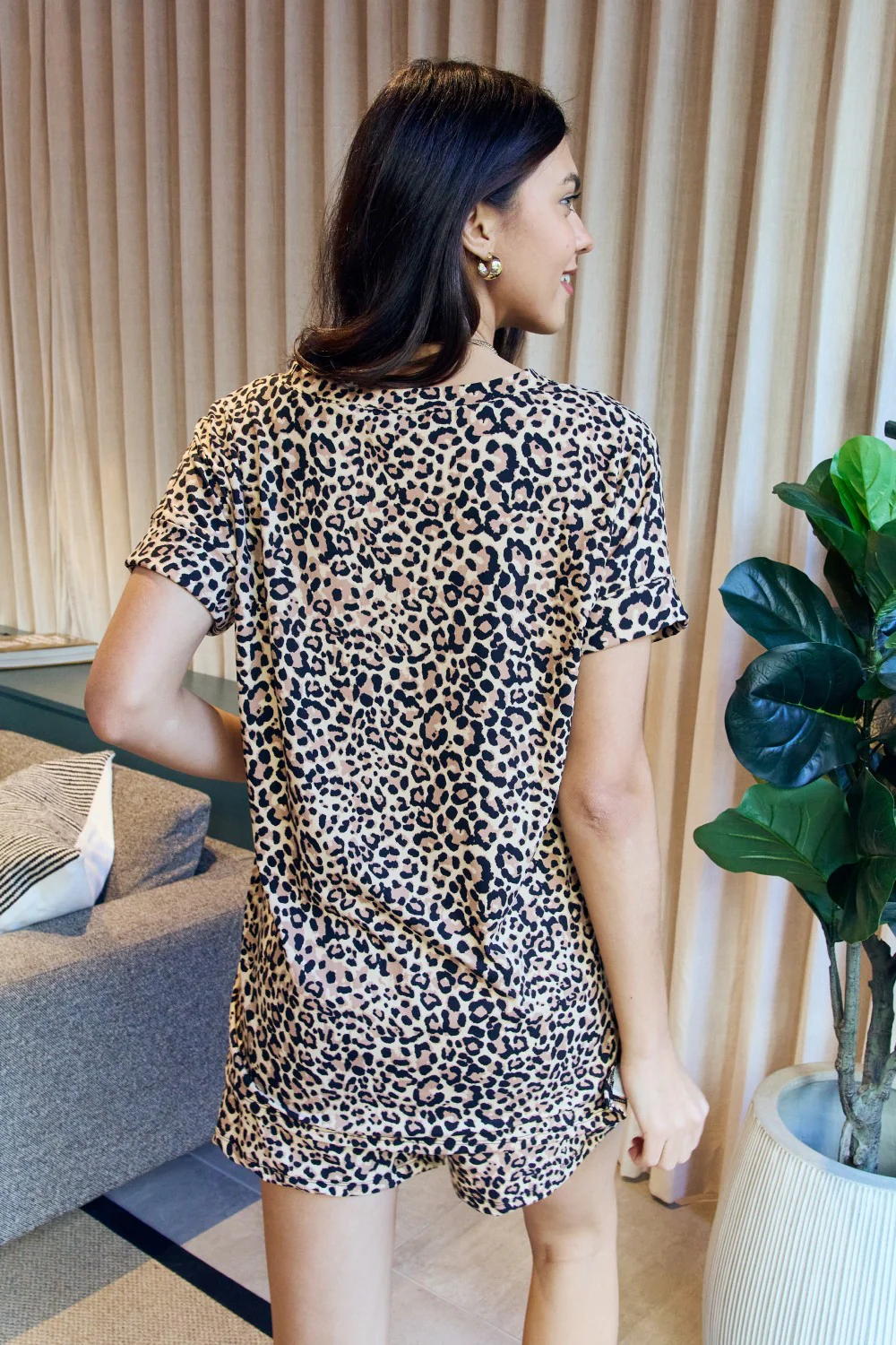 Zenana Full Size Leopard V-Neck Top and Drawstring Shorts Lounge Set - Image 2