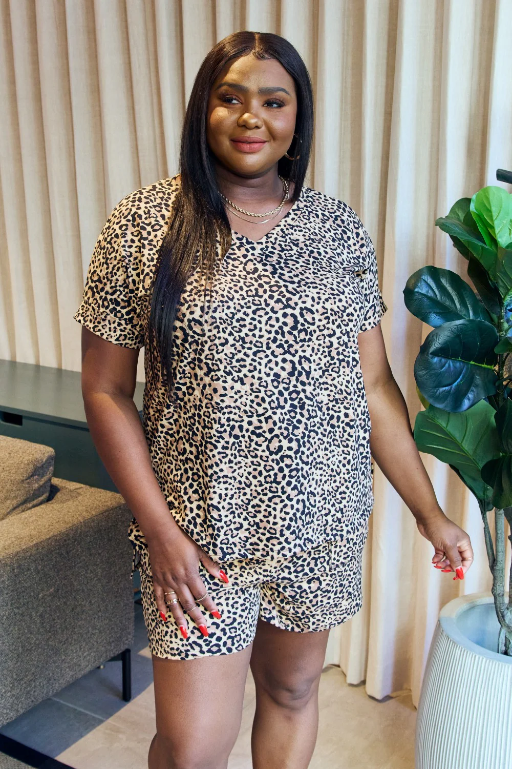 Zenana Full Size Leopard V-Neck Top and Drawstring Shorts Lounge Set - Image 7