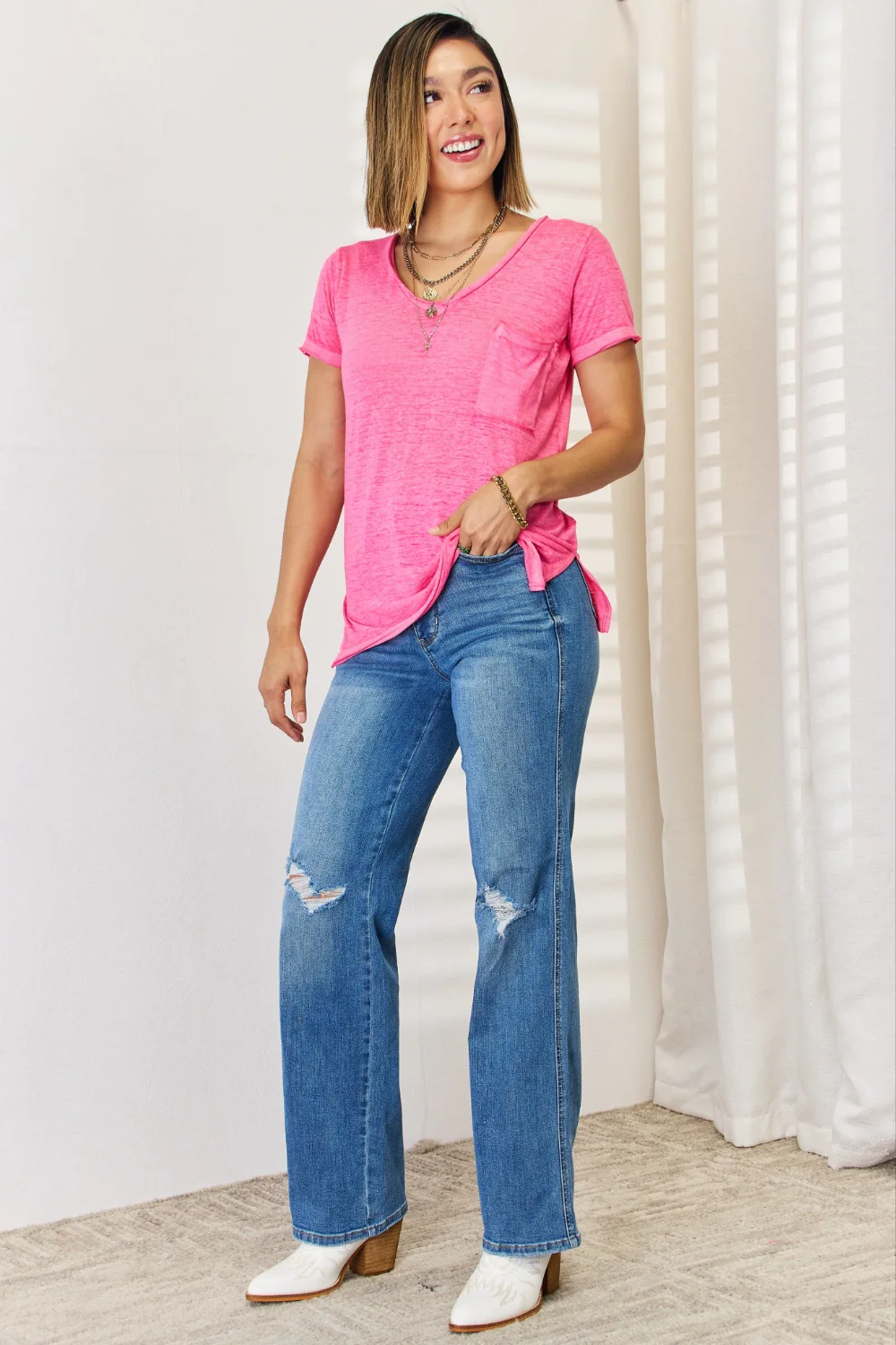 Zenana V-Neck Short Sleeve Slit T-Shirt - Image 4
