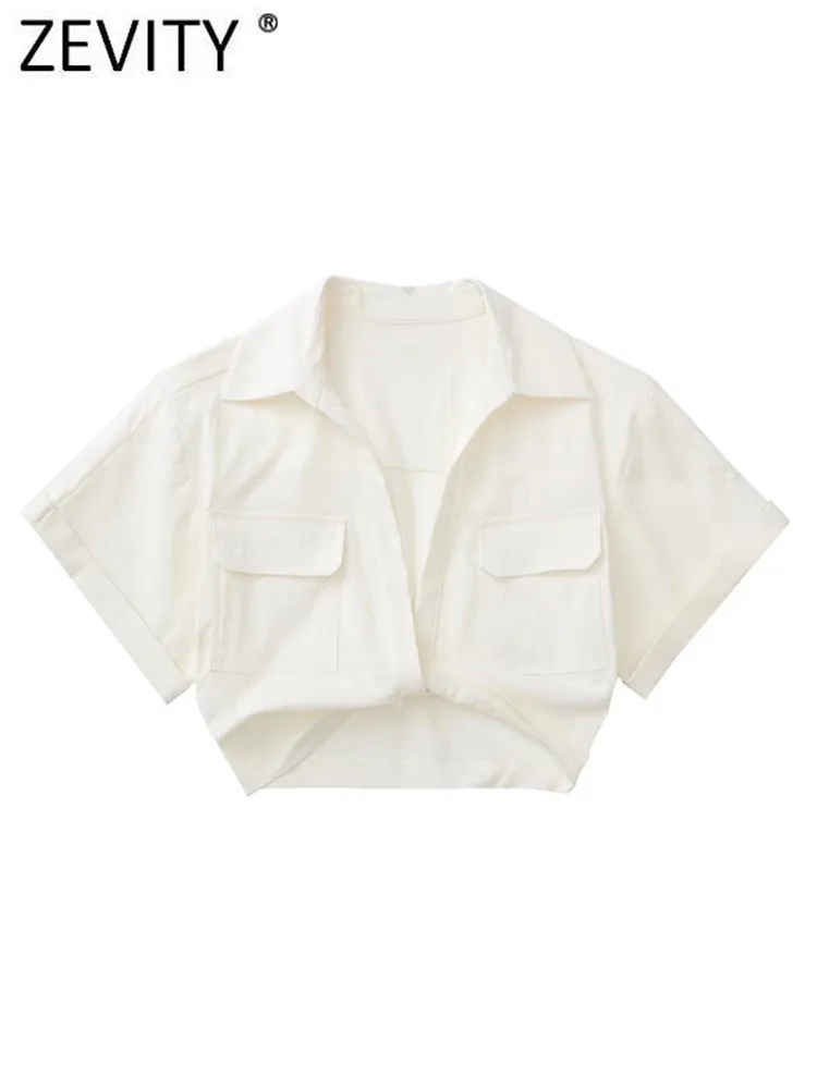 Zevity Women Safari Style Pockets Patch Knotted Linen Short Smock Blouse Lady Chic Kimono Cropped Shirt Blusas Tops LS1376 - Image 3