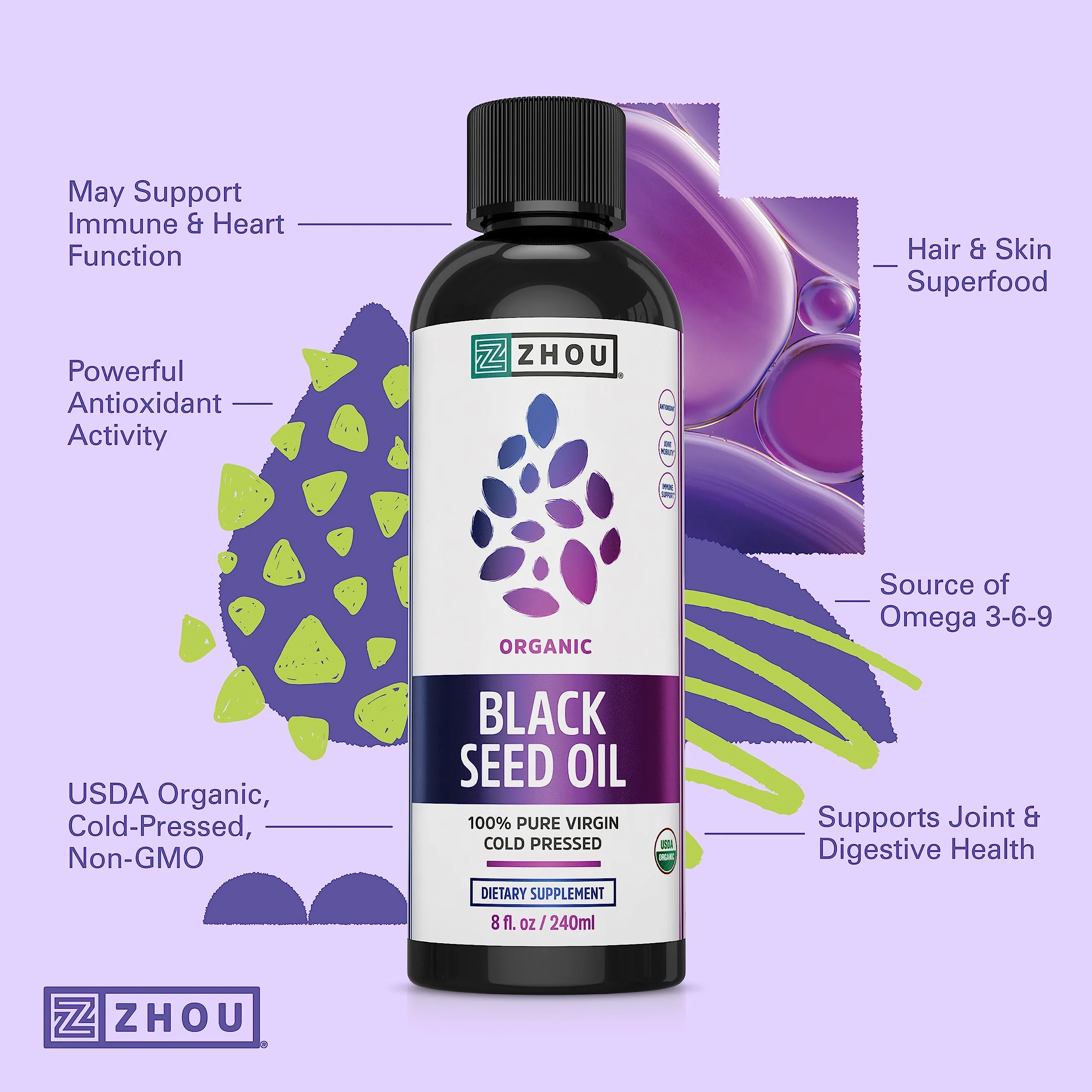 Zhou Organic Black Seed Oil | 100% Virgin Cold Pressed Omega 3 6 9 | Super Antioxidant for Immune Support, Joints, Digestion, Hair & Skin | Vegan, Gluten-Free, Non-GMO | 8oz - Image 3