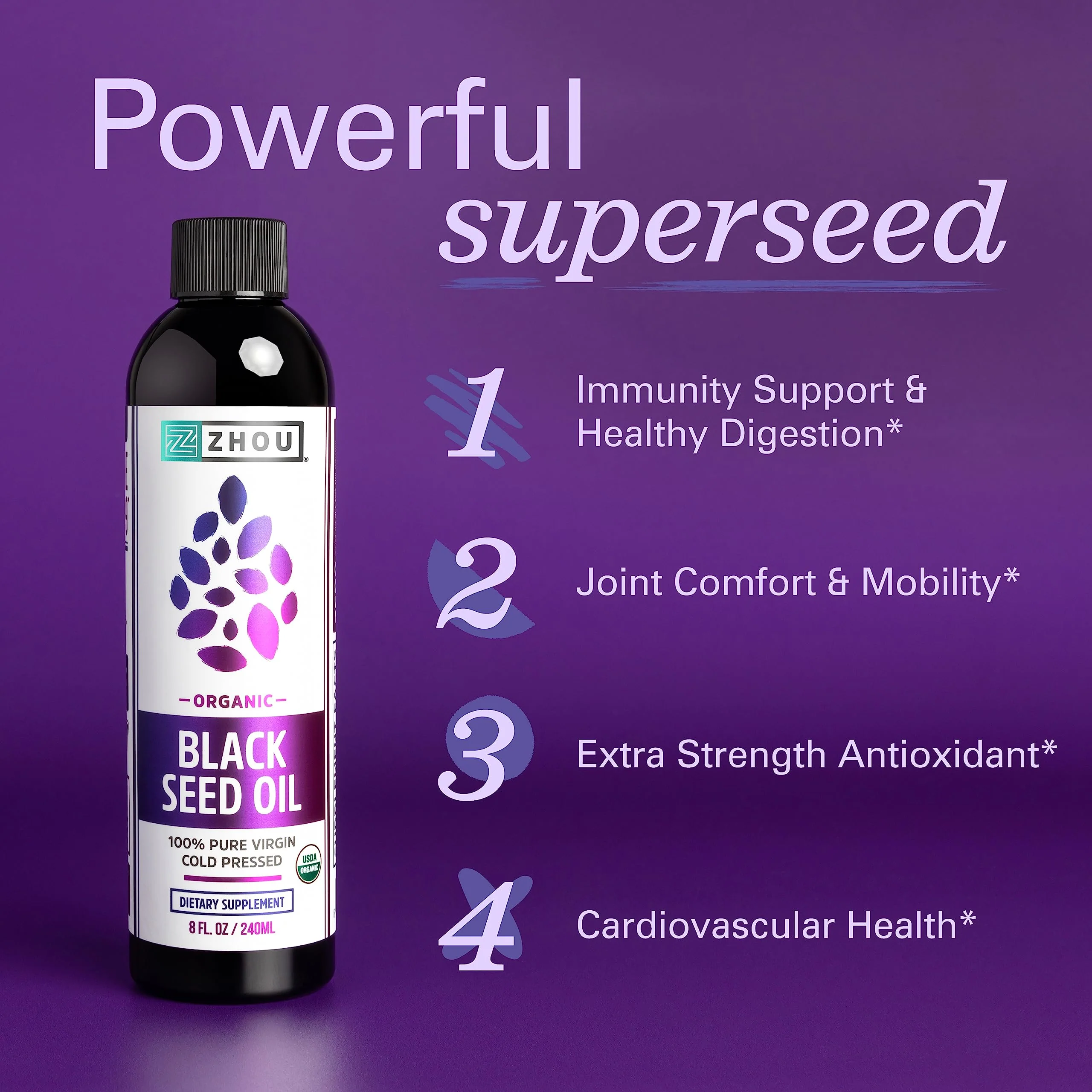Zhou Organic Black Seed Oil | 100% Virgin Cold Pressed Omega 3 6 9 | Super Antioxidant for Immune Support, Joints, Digestion, Hair & Skin | Vegan, Gluten-Free, Non-GMO | 8oz - Image 4