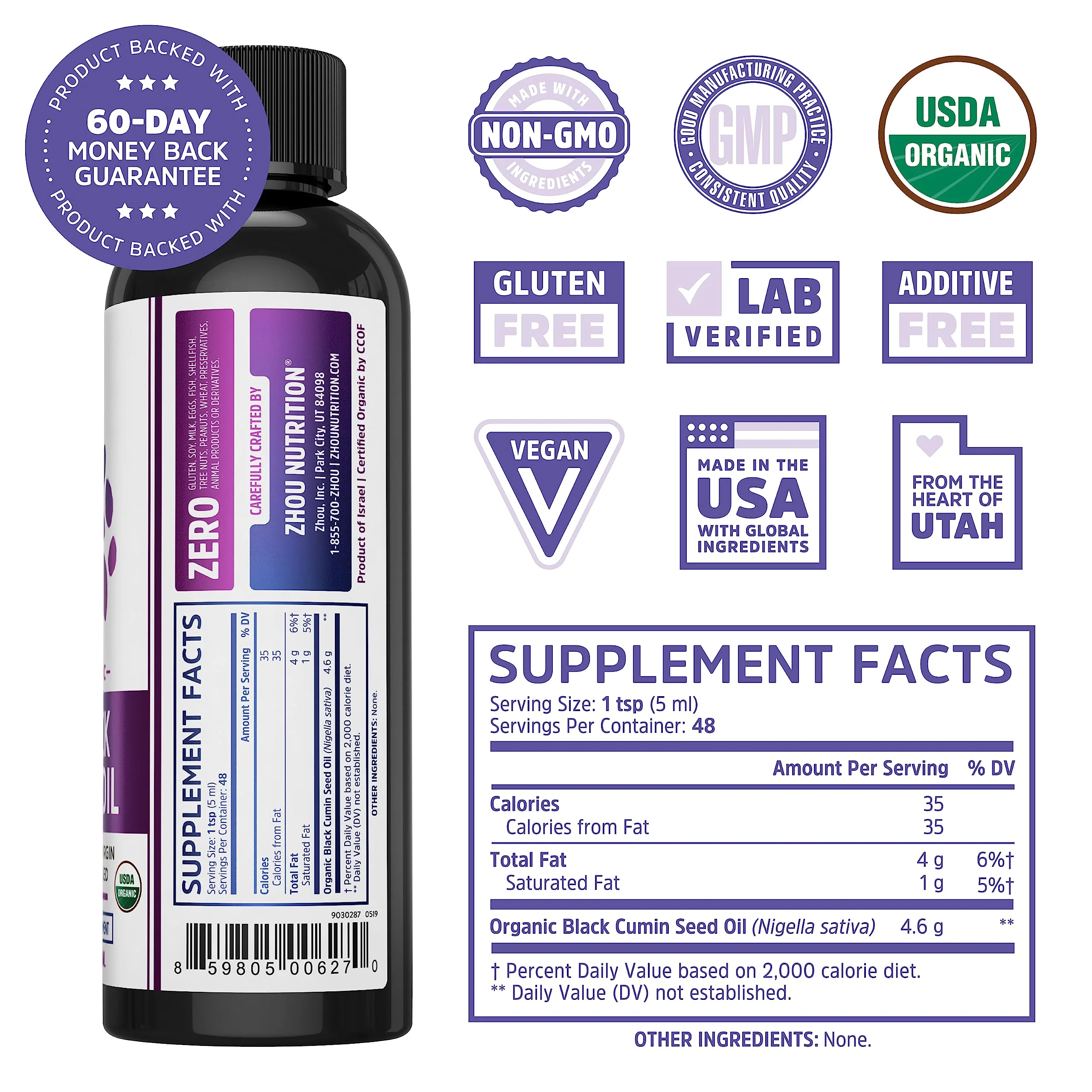 Zhou Organic Black Seed Oil | 100% Virgin Cold Pressed Omega 3 6 9 | Super Antioxidant for Immune Support, Joints, Digestion, Hair & Skin | Vegan, Gluten-Free, Non-GMO | 8oz - Image 5
