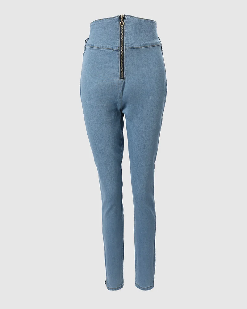 Zipper Design High Waist Skinny Jeans Women Spring Summer Solid Color Fashion Ankle Length Denim Pants Jeans - Image 3
