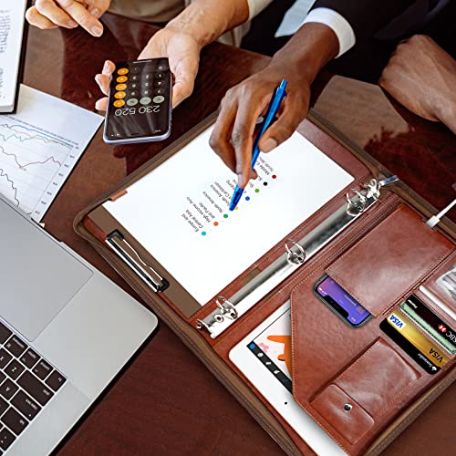Zippered Portfolio Organizer, WRIYES Leather Padfolio with 3 Ring Binder, Professional Business Binder, Organizer for IPad/Document, Phone & Business Cards, Office Gifts for Men or Women (Brown) - Image 2