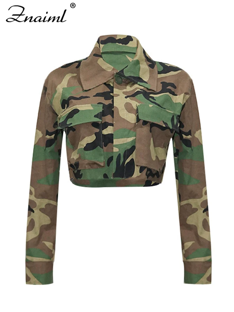 Znaiml 2023 Fashion Camouflage Print Jackets for Women Single-breasted Pockets Long Sleeve Cropped Tops Casual Streetwear Coats - Image 2