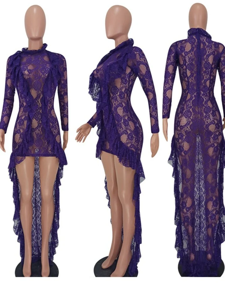 2023 Sexy Floral Lace Sheer Cocktail Evening Dresses for Women Ruffles Hem Bodycon Maxi Dress - Image 3