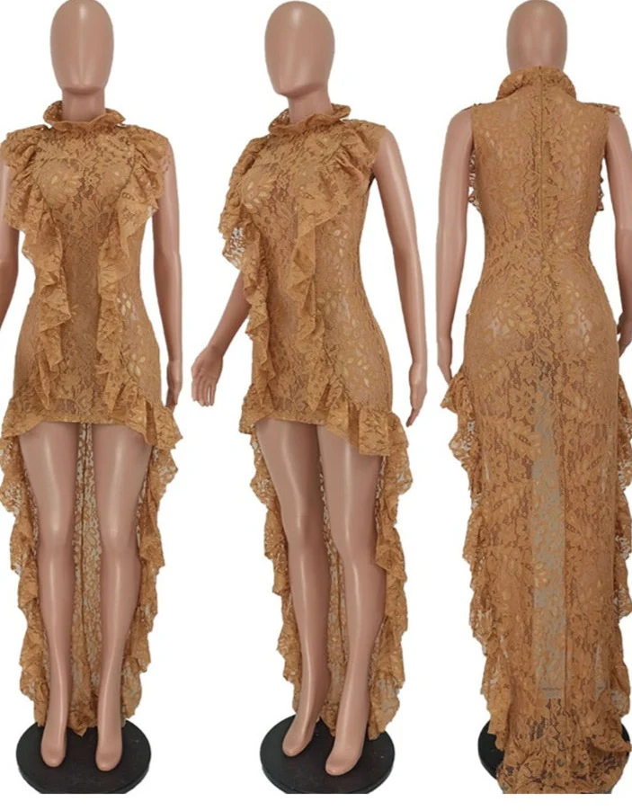 2023 Sexy Floral Lace Sheer Cocktail Evening Dresses for Women Ruffles Hem Bodycon Maxi Dress - Image 6