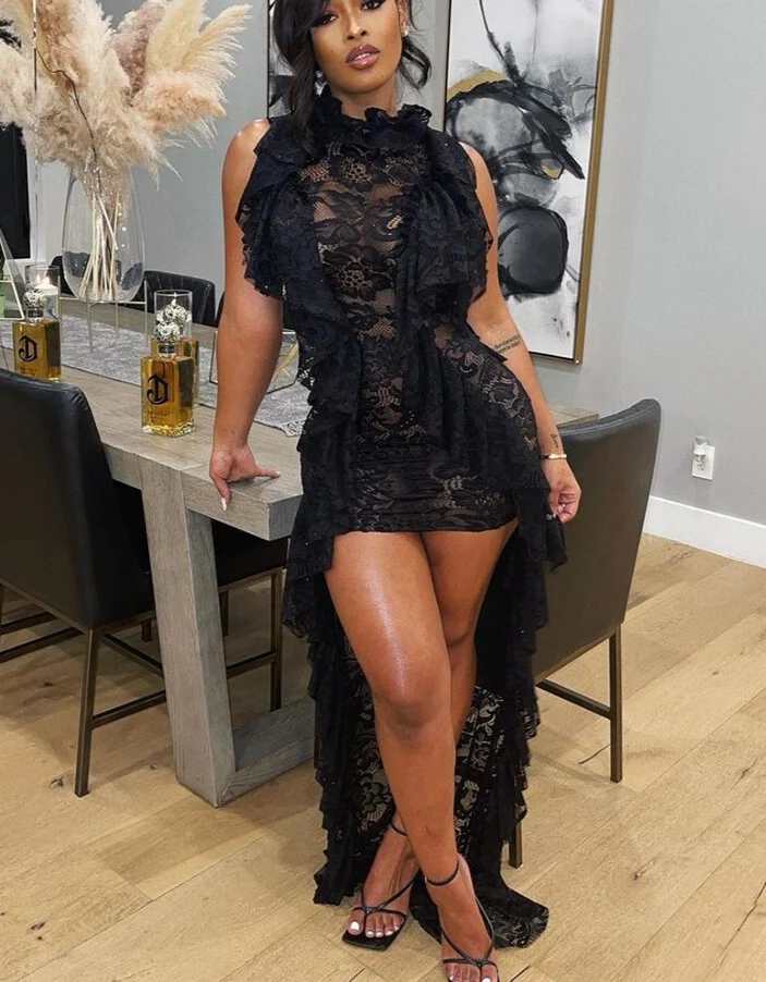2023 Sexy Floral Lace Sheer Cocktail Evening Dresses for Women Ruffles Hem Bodycon Maxi Dress - Image 7