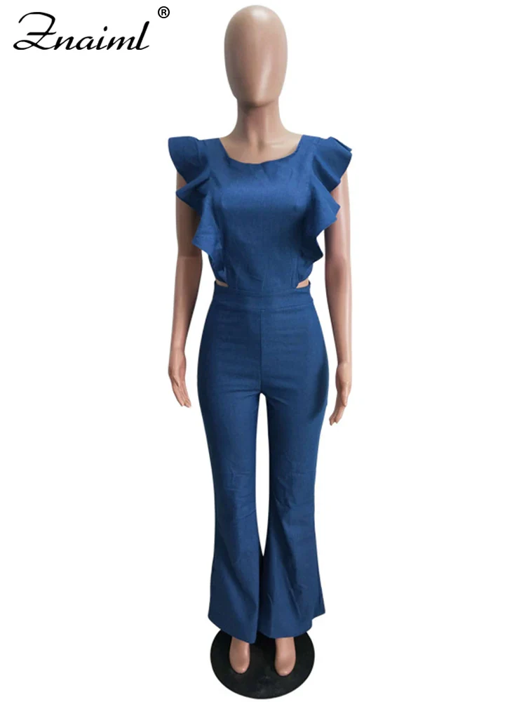 Wide Leg Denim Jumpsuit Overalls Fashion Women Sexy One Piece Ruffle Sleeveless Woman Casual Zipper Hollow Jeans Jumpsuits - Image 5