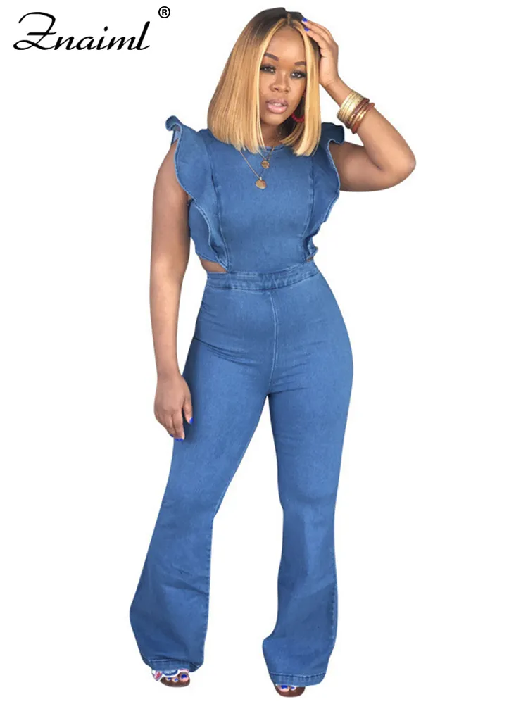 Wide Leg Denim Jumpsuit Overalls Fashion Women Sexy One Piece Ruffle Sleeveless Woman Casual Zipper Hollow Jeans Jumpsuits - Image 7