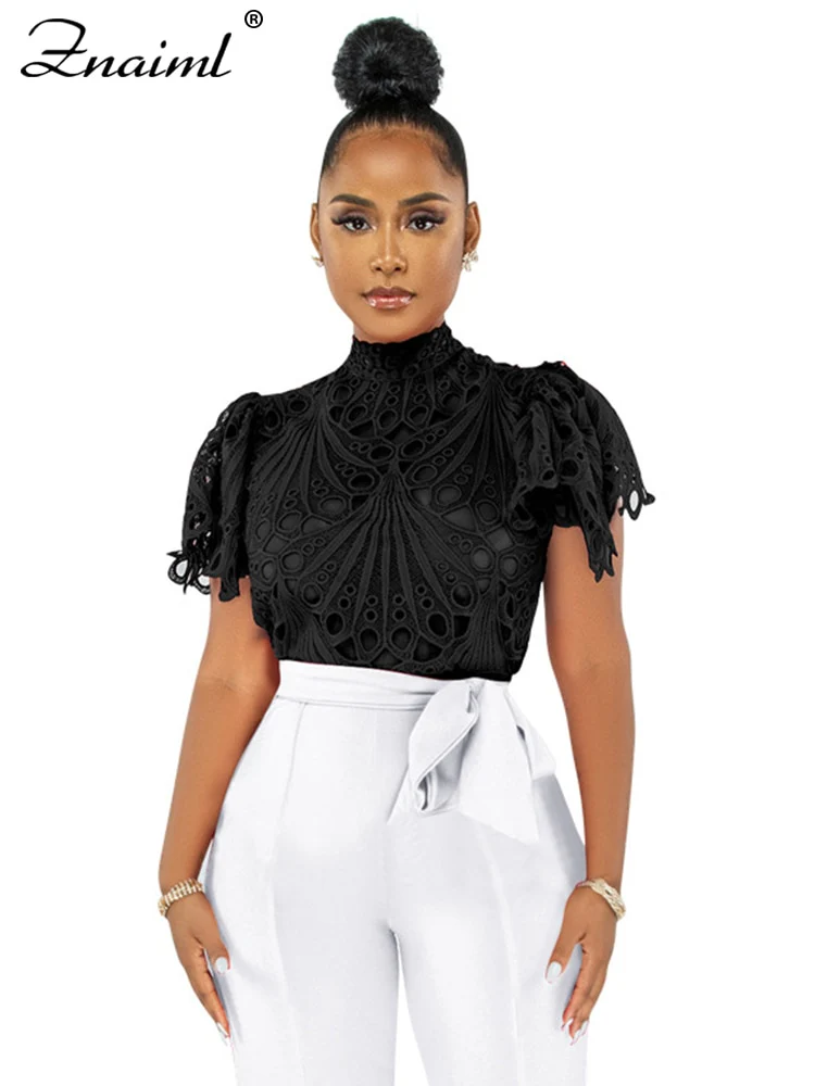 Znaiml Elegant Short Sleeve Hollow Out Mesh Lace T-shirt Sheer See Through Crop Top Women Summer Sexy Nightclub Party Blouses - Image 3