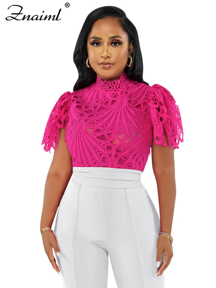 Znaiml Elegant Short Sleeve Hollow Out Mesh Lace T-shirt Sheer See Through Crop Top Women Summer Sexy Nightclub Party Blouses - Image 5