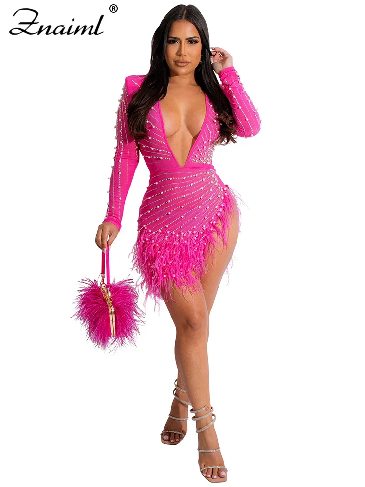 Znaiml Sexy Mesh Sheer Feathers Deep V-neck Side Slit Birthday Dresses Women's Pearls Diamonds Prom Evening Rave Nightclub Robe - Image 10