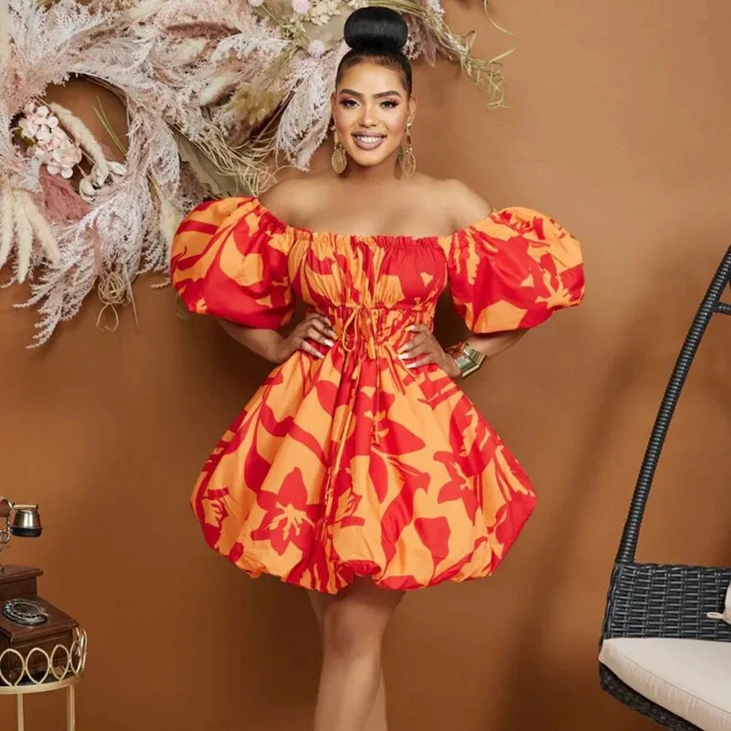 African Print Dresses for Women Summer Elegant African Off Shoulder Short Puff Sleeve Mini Birthday Evening Gowns African Dress - Image 2